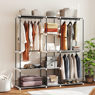 Armario de Ropa, Perchero, 182x43x185 cm, Armario Abierto con 8 Estantes de Tela, Barras para Colgar, Marco de Metal, para Dormitorio, Salón, Vestidor, Gris Claro