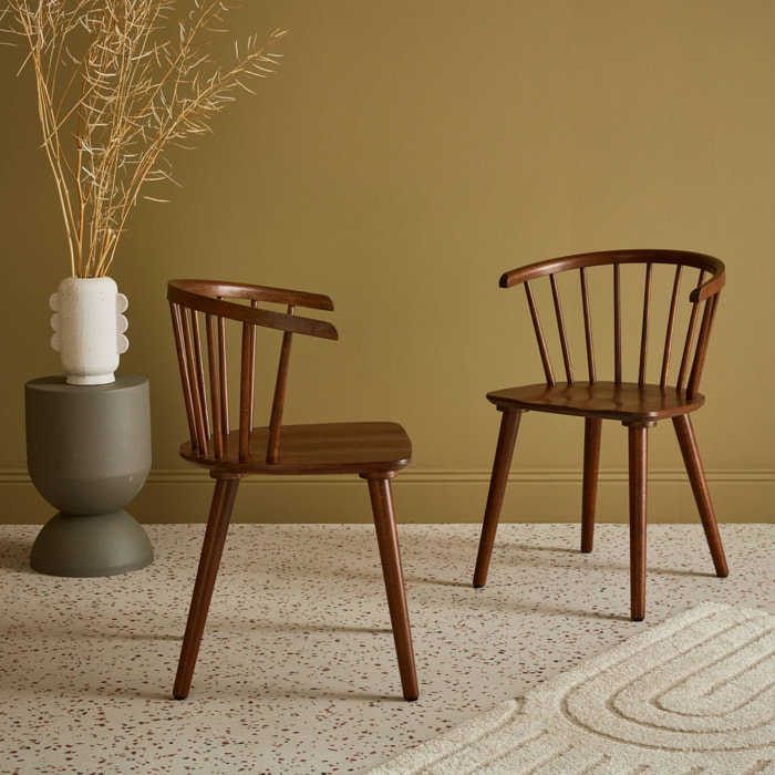 Lot de 2 chaises noyer à barreaux en bois et contreplaqué. Paula. L 51 x P 53 x H 75cm