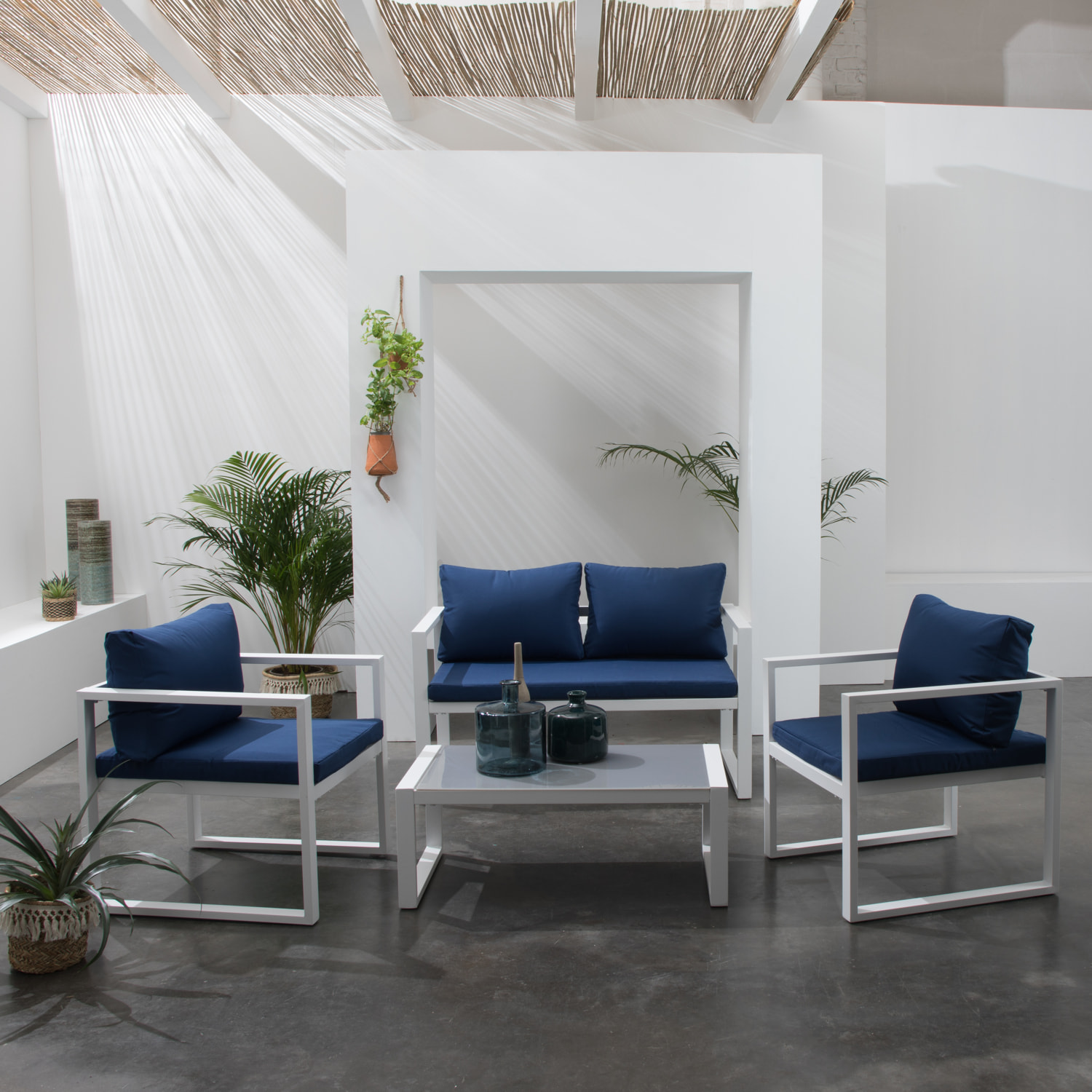 Salon de jardin IBIZA en tissu bleu 4 places - aluminium blanc