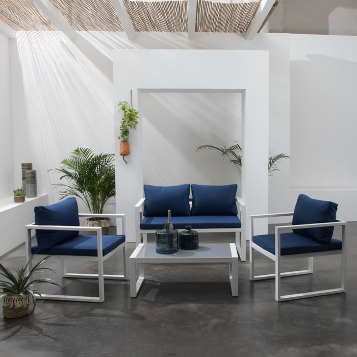 Salon de jardin IBIZA en tissu bleu 4 places - aluminium blanc