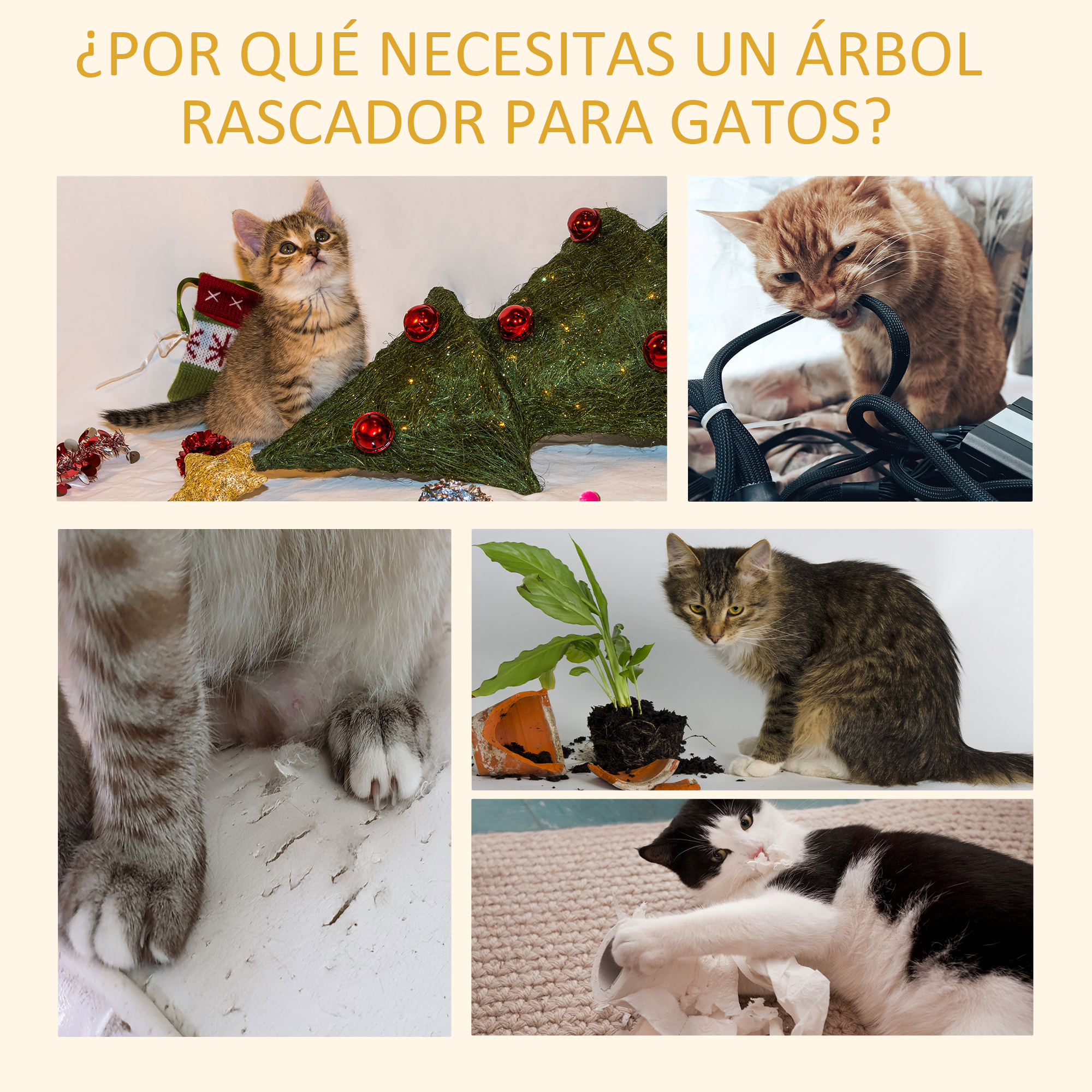 Árbol Rascador para Gatos Altura Ajustable 230-260 cm Hamaca Postes Sisal Marrón