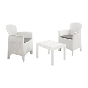 Set salotto da esterno Aneta, Composizione da giardino con 2 poltrone ed 1 tavolino, Salottino effetto rattan con cuscini, 100% Made in Italy, Bianco