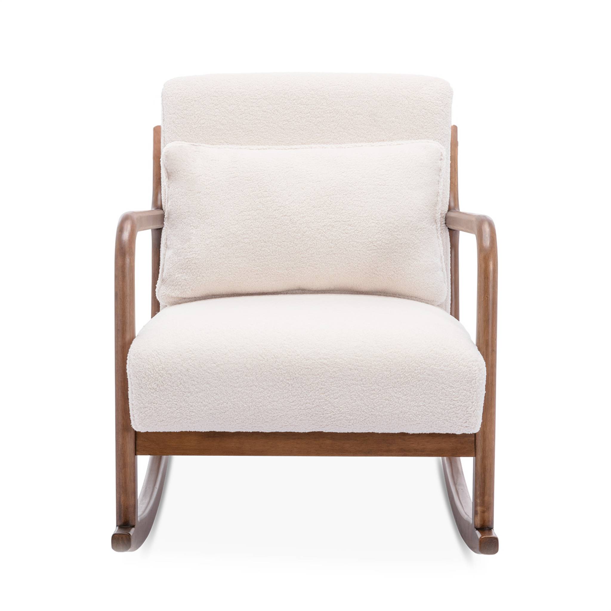 Fauteuil à bascule design en bois et tissu. bouclettes blanches. structure hévéa teinté noyer foncé