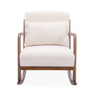 Fauteuil à bascule design en bois et tissu. bouclettes blanches. structure hévéa teinté noyer foncé