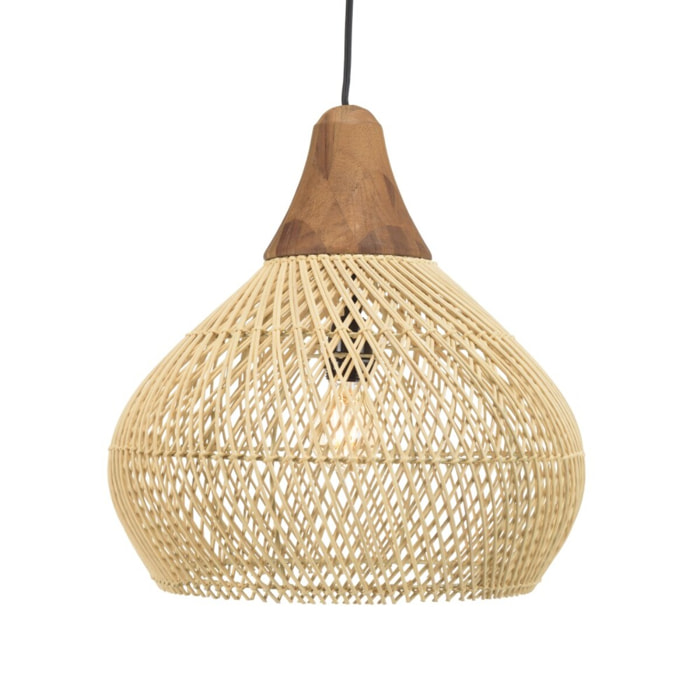 SIXTINE - Suspension 'cloche' 40x40cm rotin couleur naturelle et teck