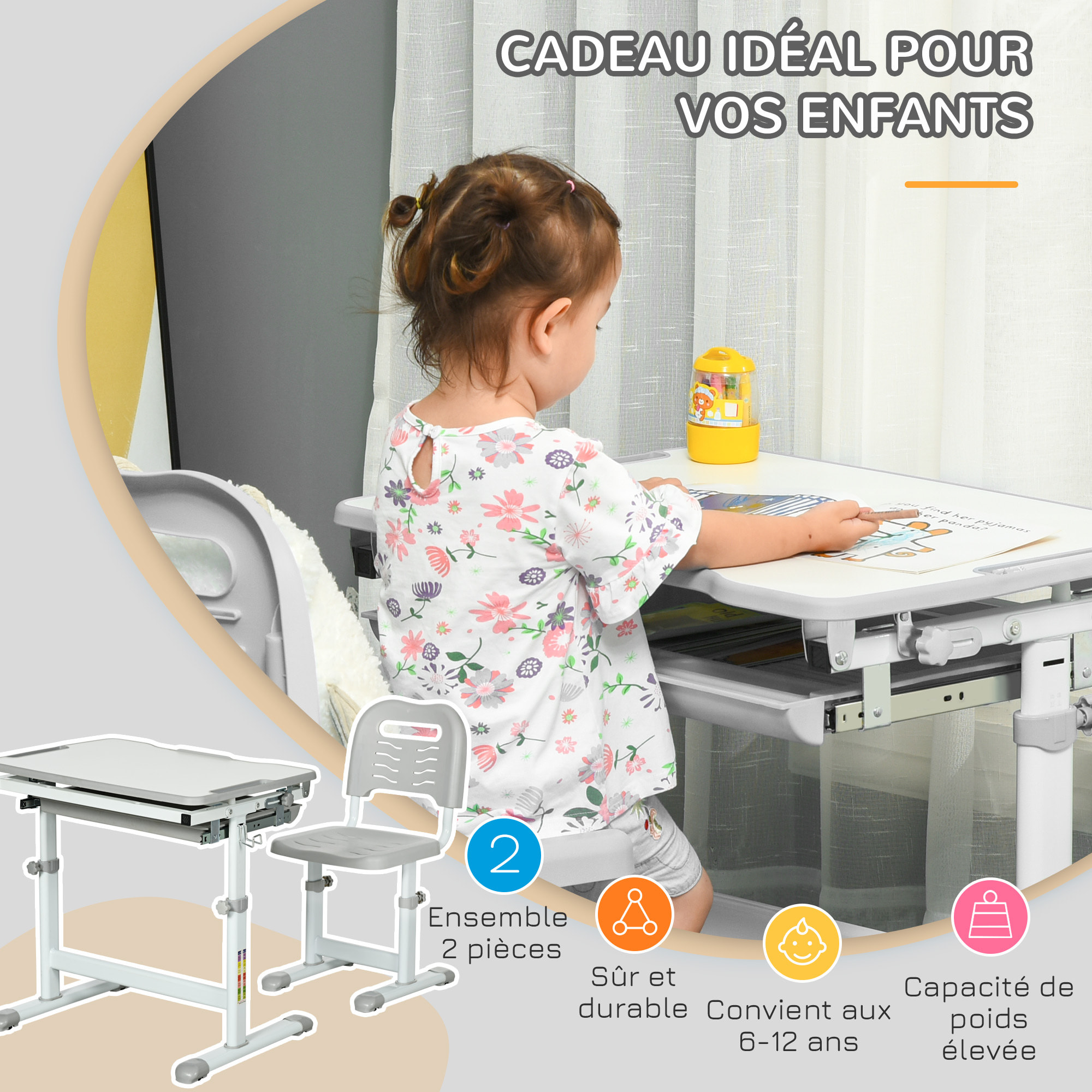 Ensemble bureau chaise enfant réglable - plateau inclinable, tiroir coulissant - acier PP gris blanc