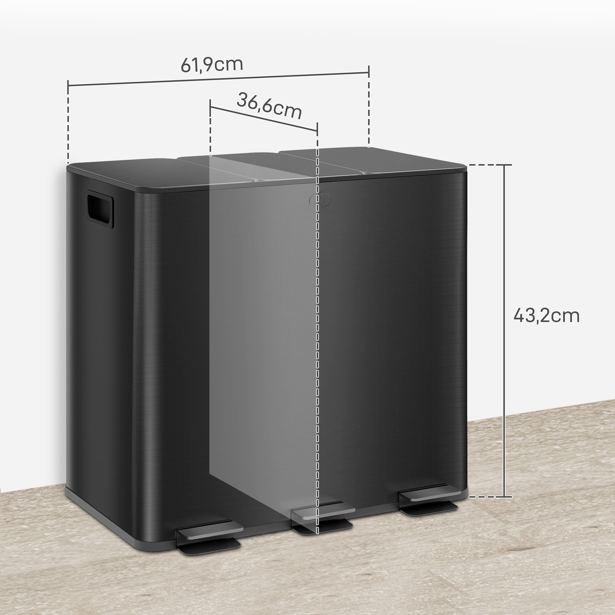 Cubo de Basura de Cocina con 3 Compartimentos 3x15L Papelera de Cocina de Acero Inoxidable con Pedales Tapas de Cierre Suave y Cubo Extraíble para Reciclaje Residuos Restos de Comida Negro