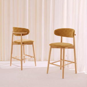 Tabouret de bar bois d'hévéa naturel et tissu chenille (lot de 2)  PAOLA