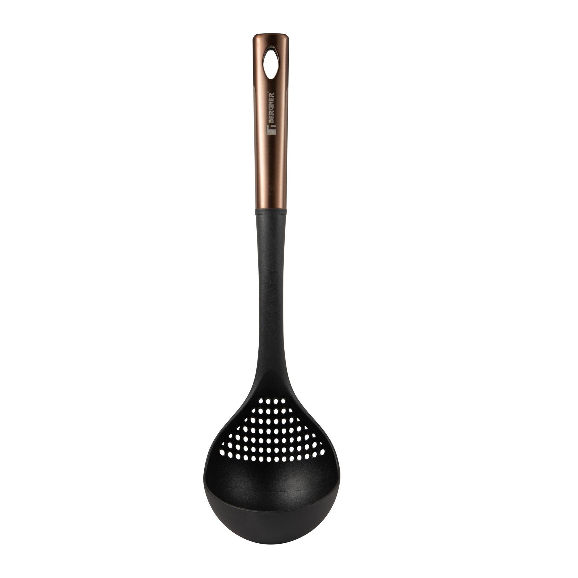 set de 3 utensilios de cocina: espátula ranurada, cuchara y cuhcarón en pbt negro y cobre