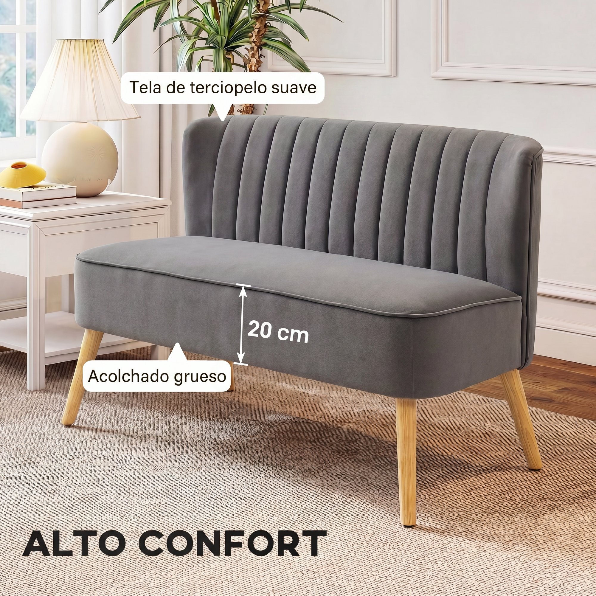 Sofá de 2 Plazas Tapizado en Terciopelo, Sofá Moderno con Asiento y Respaldo Acolchados, Patas de Madera de Caucho, Carga 220 kg para Dormitorio, Salón, Espacios Pequeños, Gris Oscuro