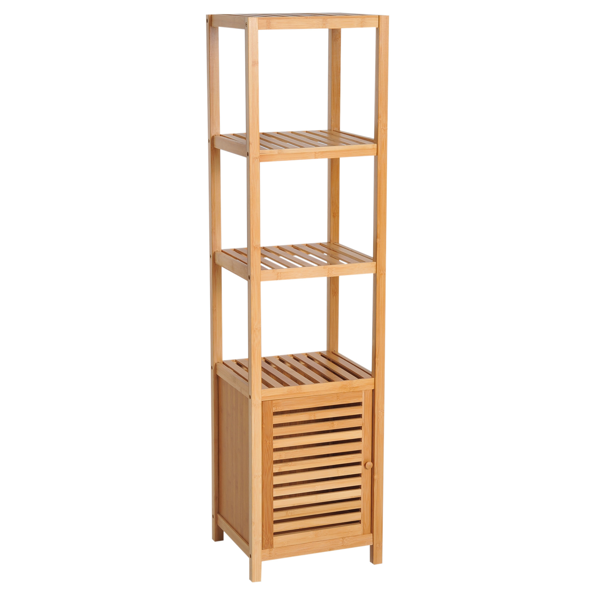 Meuble colonne rangement salle de bain bambou design naturel 36L x 33l x 140H cm 2 étagères 4 niveaux + placard