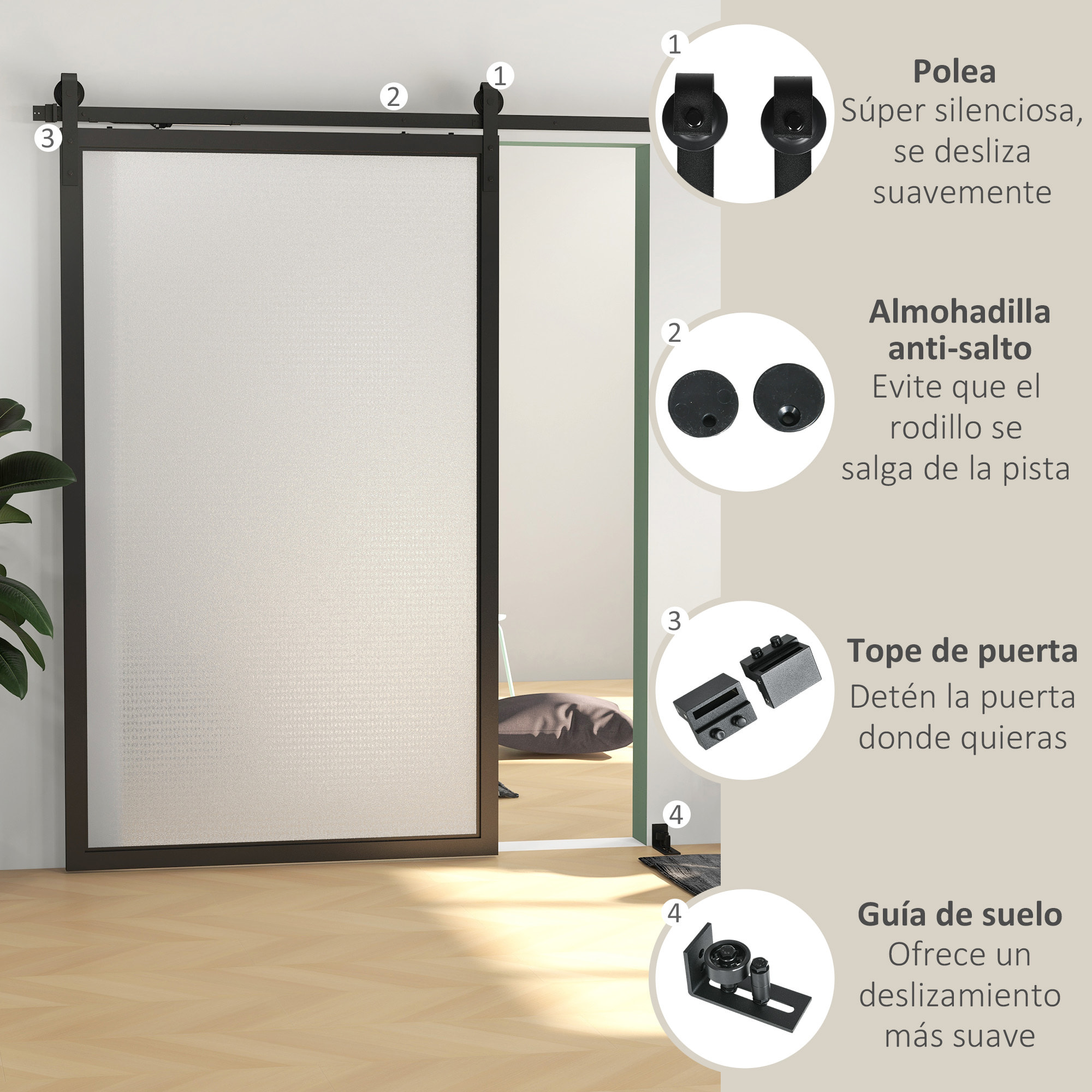 8FT/244cm Herrajes para Puerta Corredera con Amortiguador sin Perforación Kit de Accesorios para Puerta Corrediza con 2 Rieles para Granero Negro