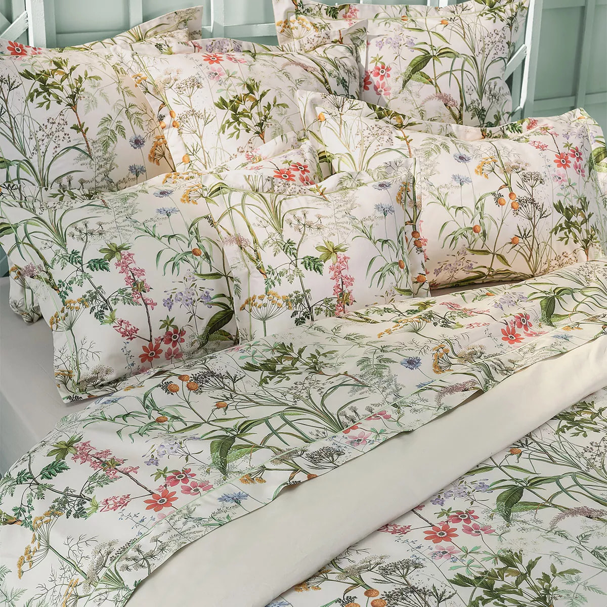 Taie d'oreiller satin de coton imprimé rose beige vert Prairie legere beige