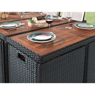 Cuba - Salon de jardin encastrable 10 places - en résine tressée - Noir avec coussins gris + housse de protection - Noir / Gris