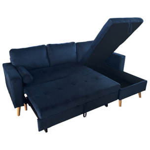 Canapé d'angle convertible JAMES 3 places en velours bleu