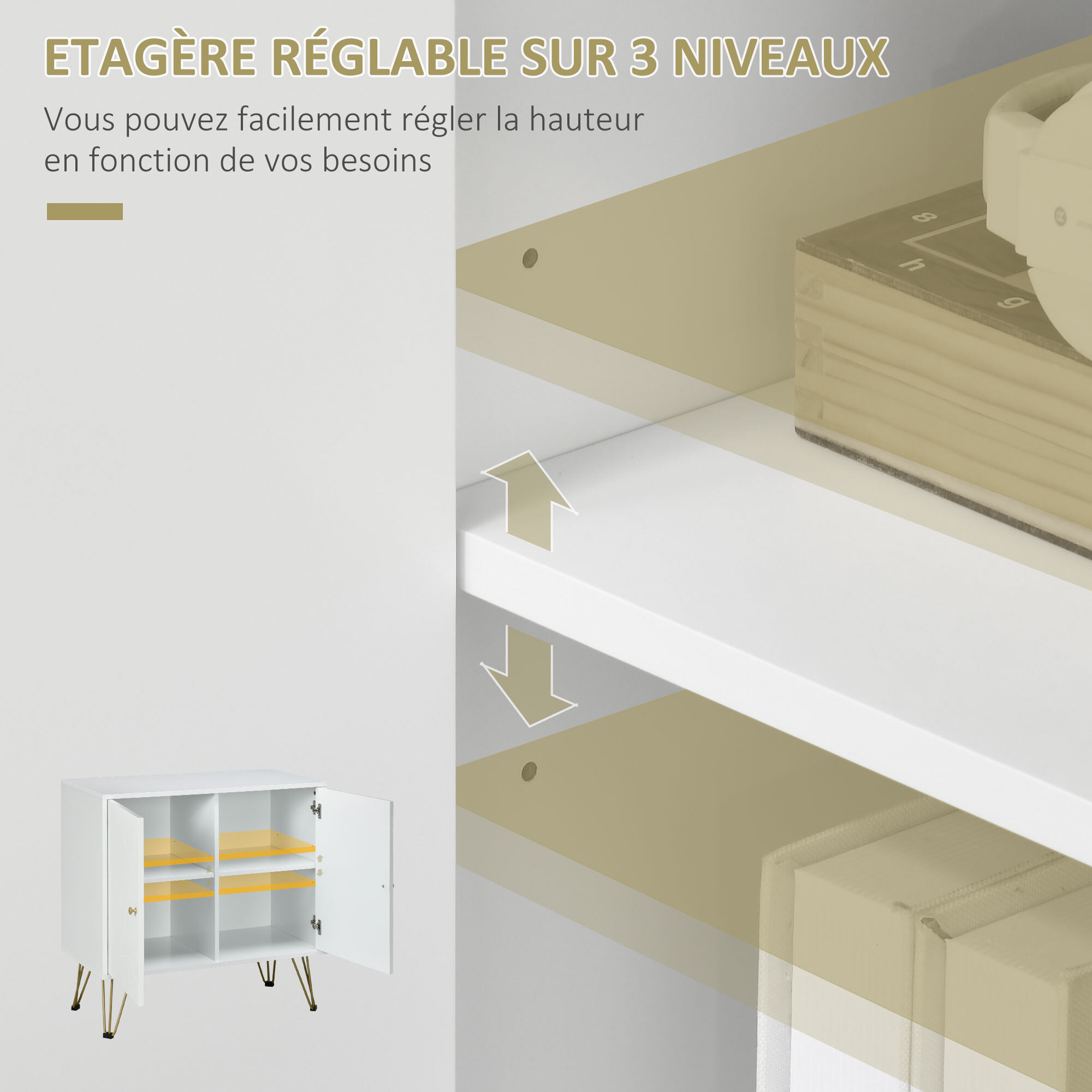 Buffet 2 portes 2 étagères style Art déco motif graphique piètement épingle poignées métal doré MDF blanc