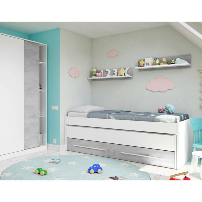 Letto per bambini Asi, Struttura letto per cameretta, Letto singolo con lettino estraibile, 199x96h65 cm, Bianco e Cemento