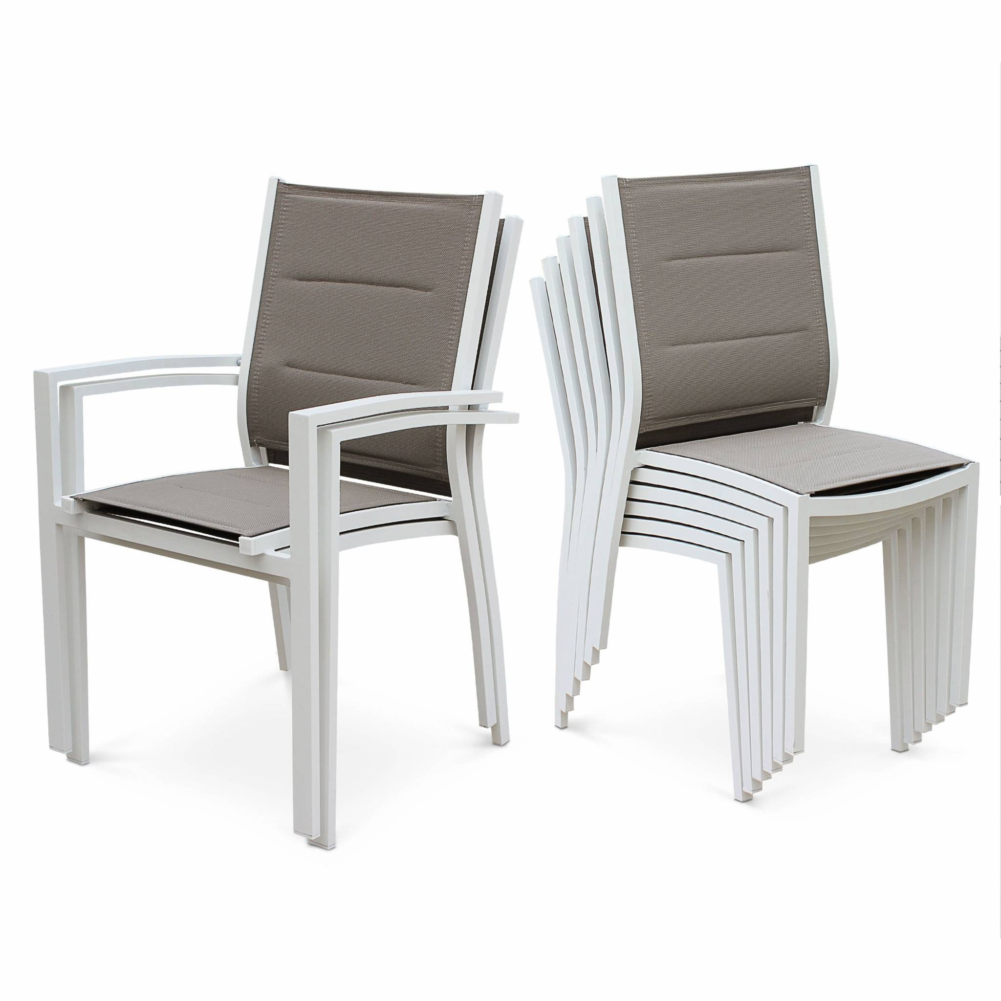 Table de jardin extensible aluminium + 8 assises - Chicago Blanc / Taupe - Table extensible 175/245cm avec rallonge et 8 assises en textilène