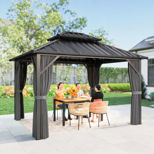 Pavillon de jardin  toit rigide - rideaux et moustiquaire - alu et acier - 3x3,6m - gris foncé