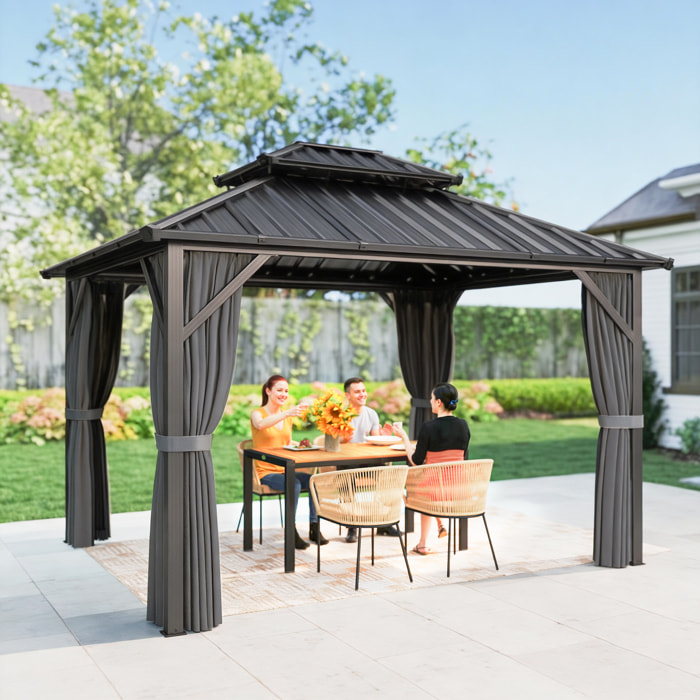 Pavillon de jardin  toit rigide - rideaux et moustiquaire - alu et acier - 3x3,6m - gris foncé