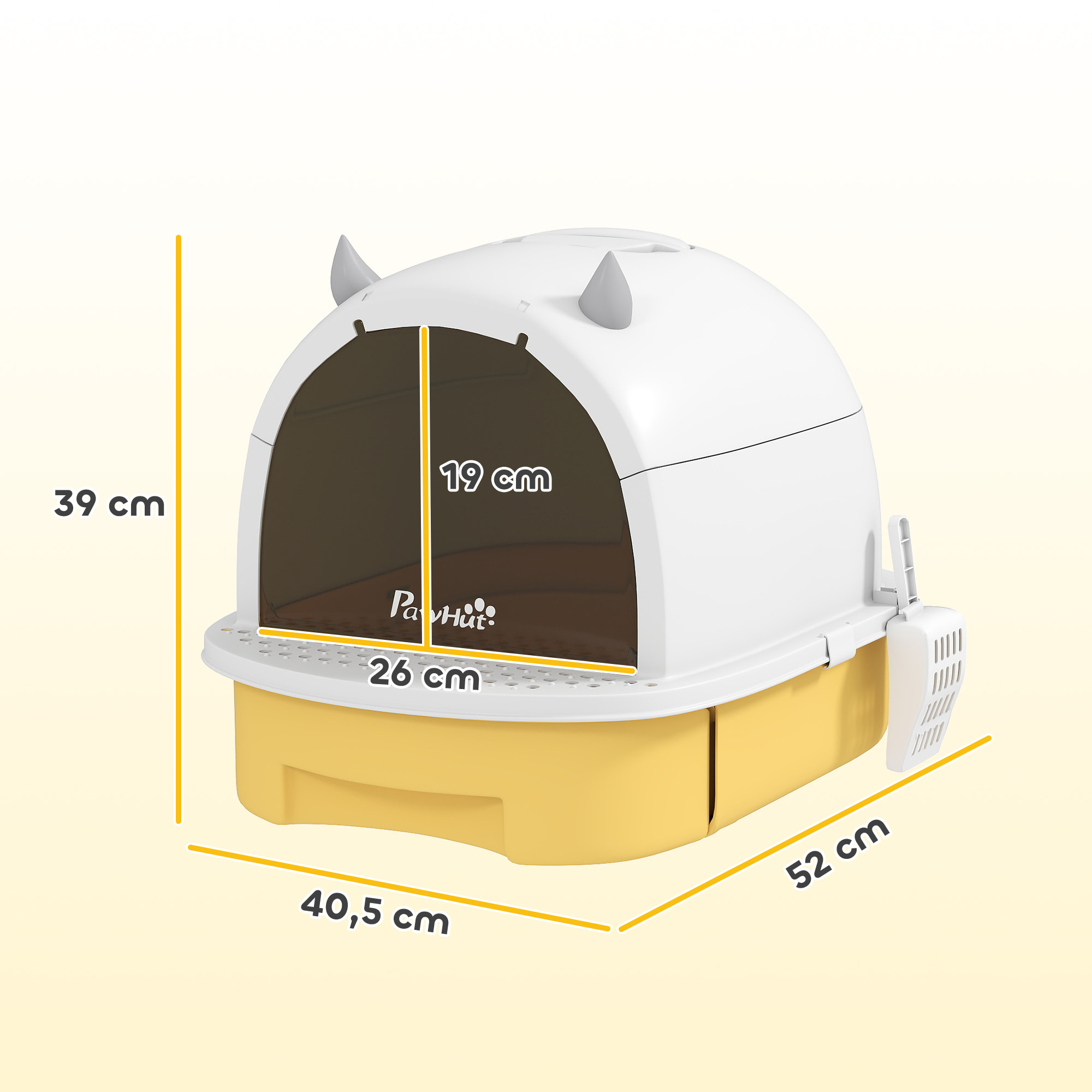Maison de toilette chat design - porte fumée, pelle, 2 sacs désodorisation, tiroir litière coulissant, poignée - blanc jaune