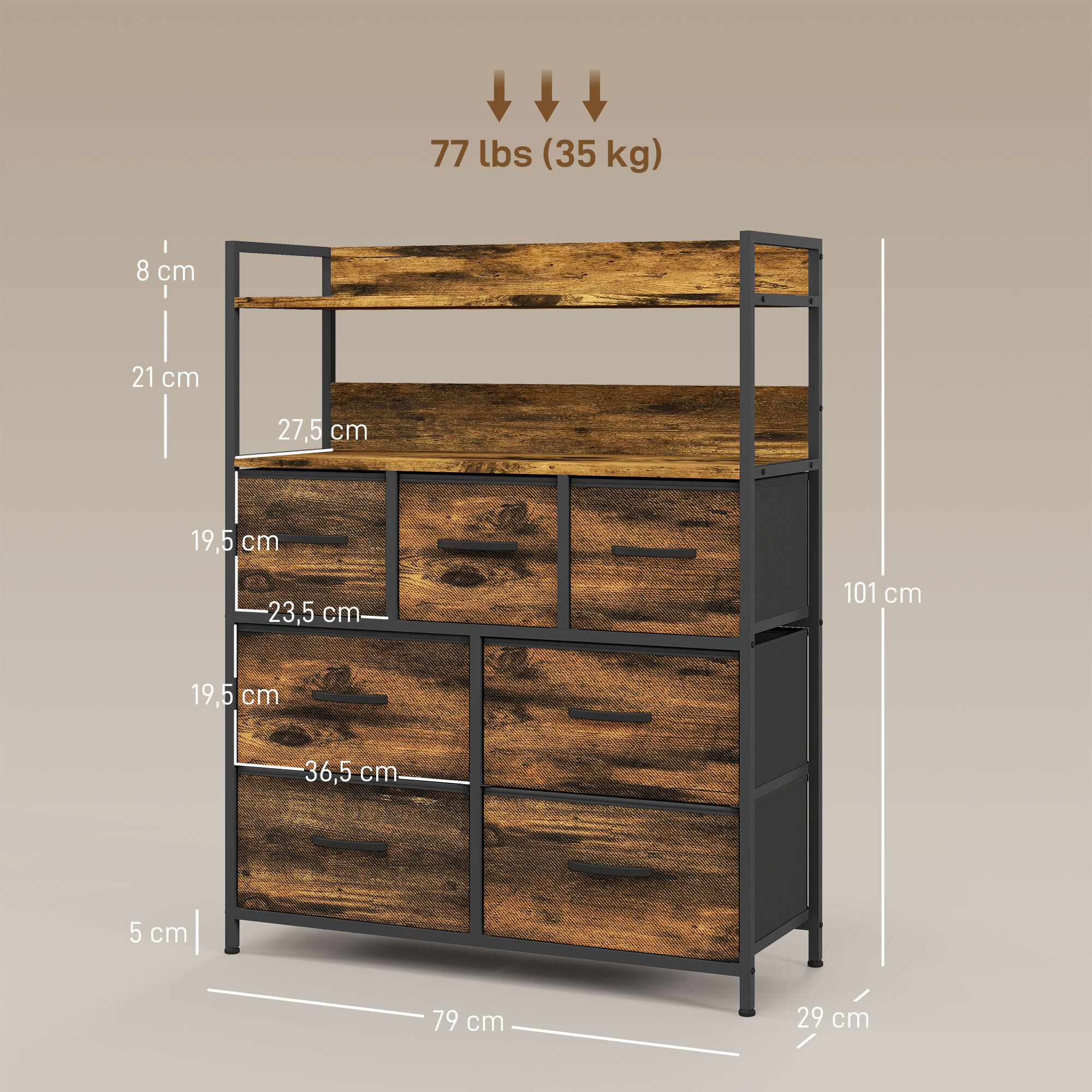 Commode style industriel - 7 tiroirs, 2 étagères - acier noir MDF non tissé effet bois vieilli