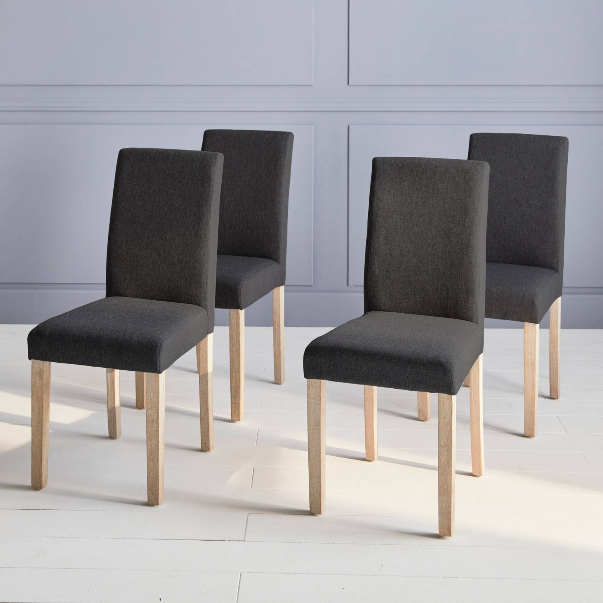 Lot de 4 chaises - Rita - chaises en tissu. pieds en bois cérusé. gris foncés
