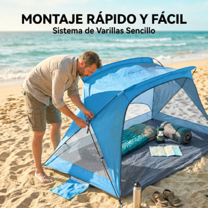 Tienda de Playa, Carpa de Playa Plegable para 2-3 Personas con Sacos de Arena, Puerta, Ventanas, UPF30+, Bolsa de Transporte y Bolsillo para Parque, Camping, 220x120x120 cm, Azul Cielo