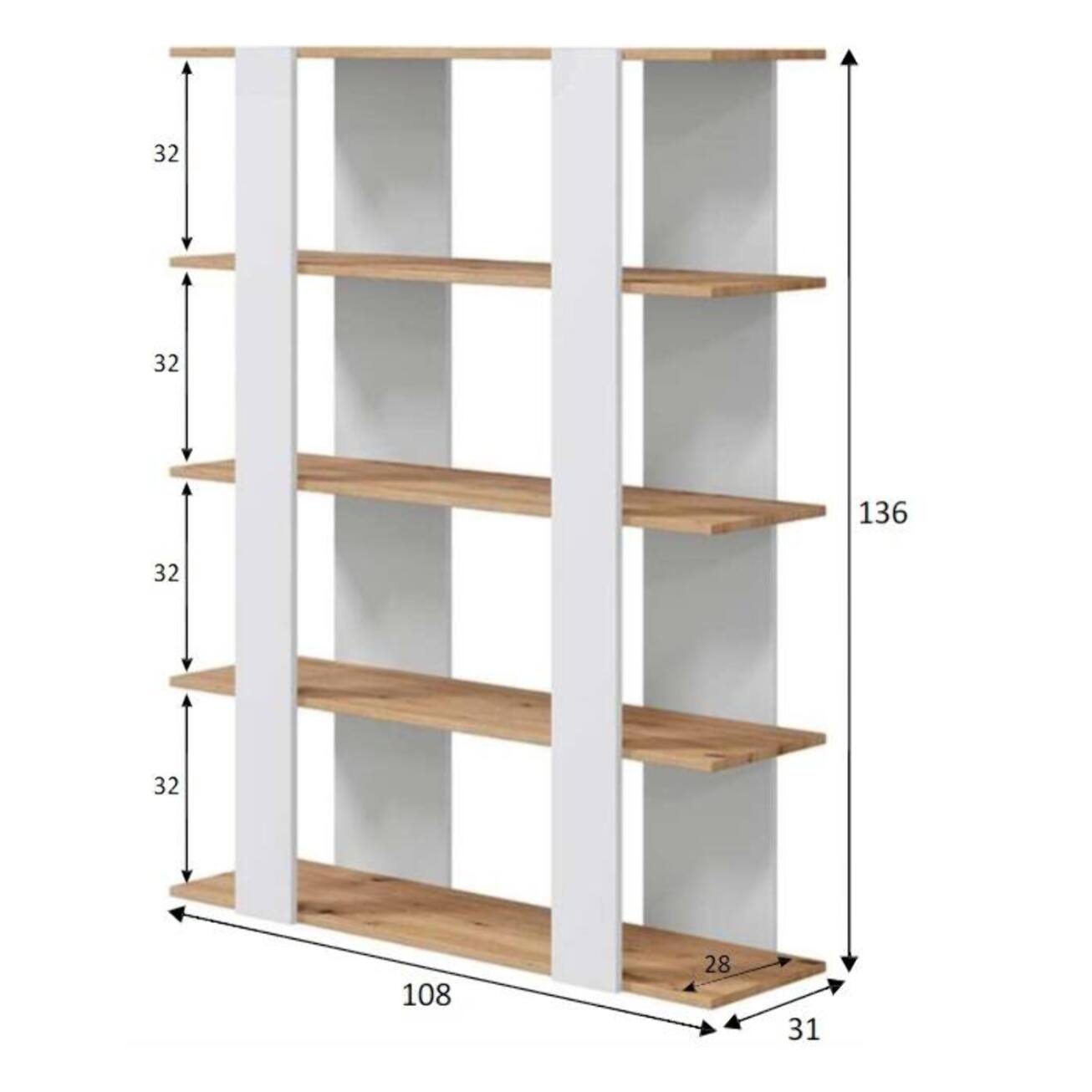 Libreria Watervliet, Scaffale da ufficio a 5 ripiani, Mobile portalibri, Biblioteca, 108x31h136 cm, Rovere Nodi e Bianco lucido