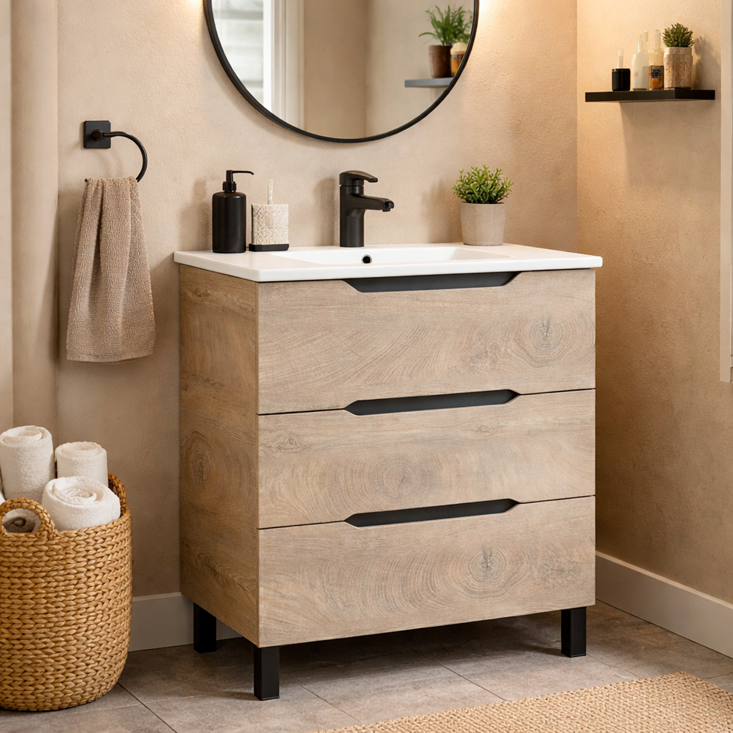 Mobile Bagno A Terra Con 3 Cassettoni Soft Close E Lavabo In Ceramica Incluso Mobiletto Design Moderno Salvaspazio 80 x 45 x 86 Cm Colore Rovere