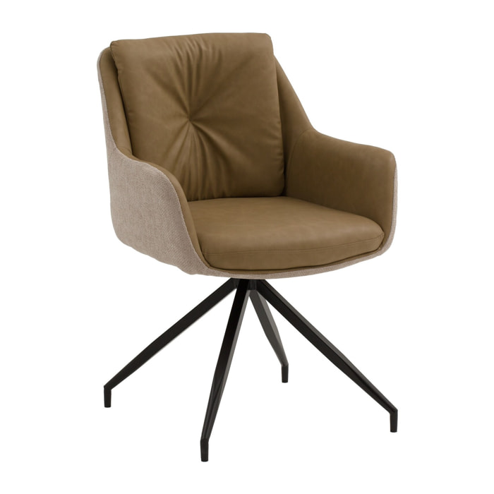 Set di 2 poltroncine girevoli WATSON in similpelle marrone, tessuto beige e gambe in metallo nero, con braccioli