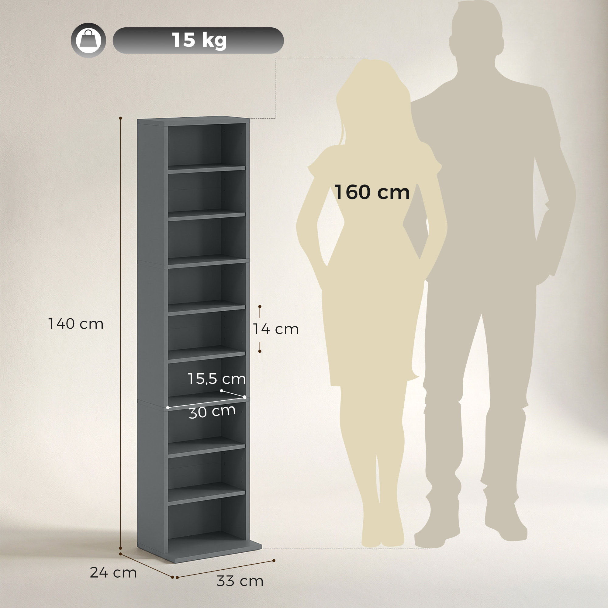 Étagère pour CD et DVD - 9 compartiments, 6 étagères réglables - 33x24x140cm - gris