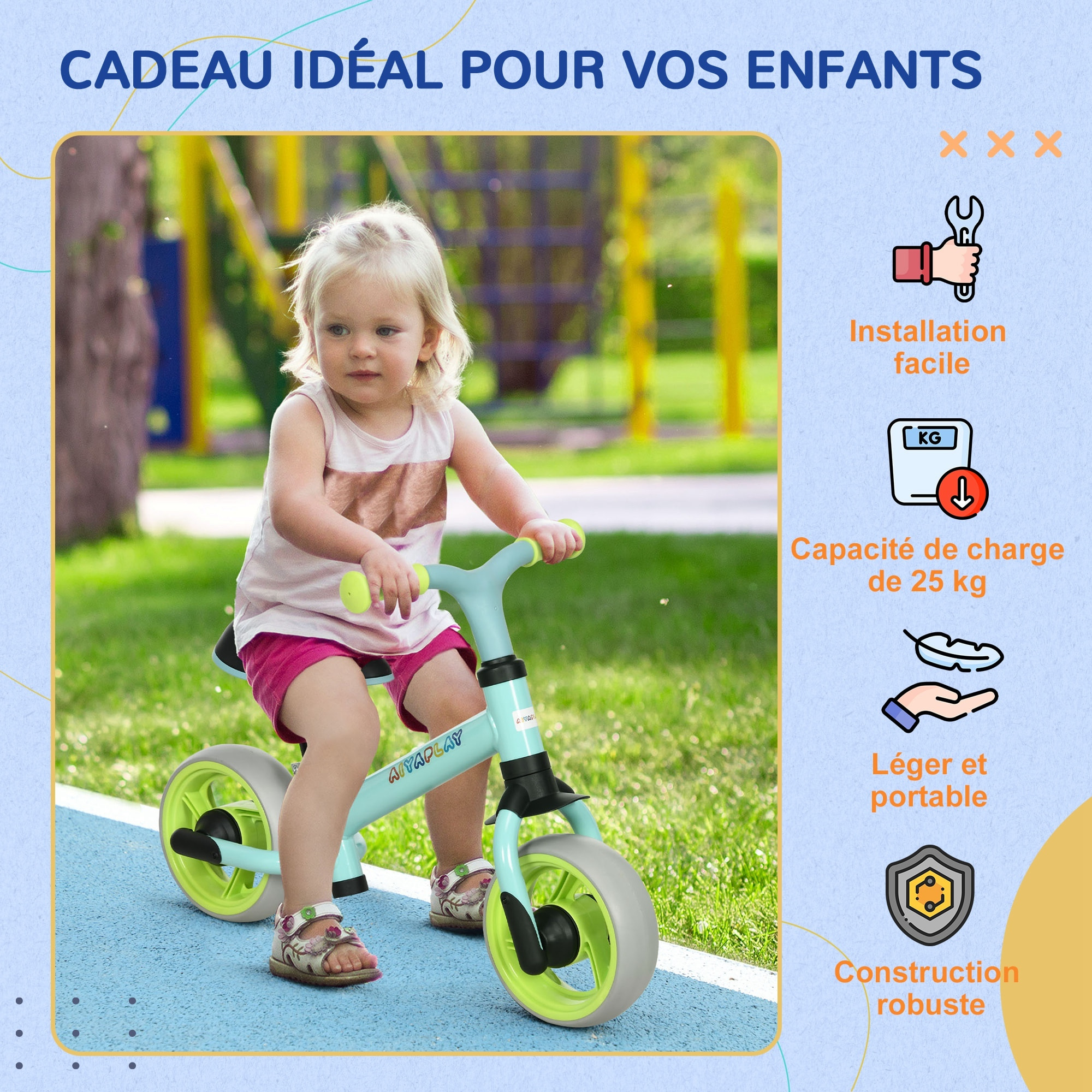 Draisienne enfant selle réglable roues EVA charge max. reco. 25 Kg acier bleu ciel