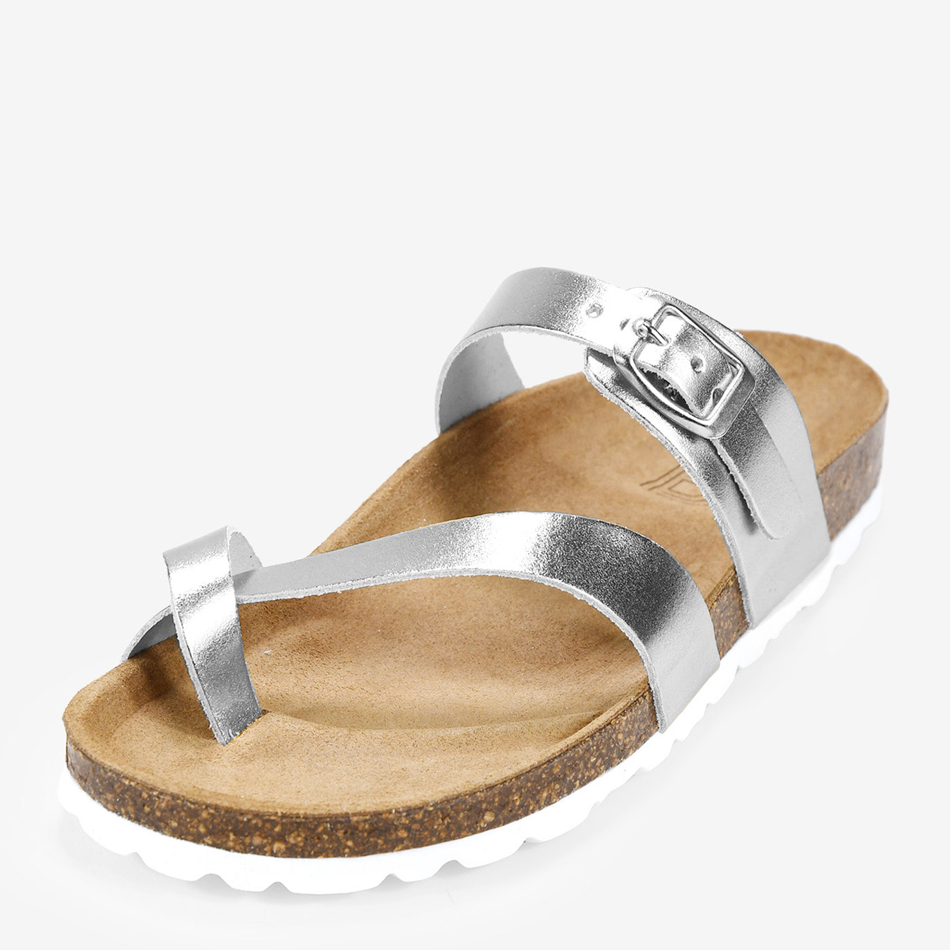 Sandalias planas de piel plateadas con suela de corcho