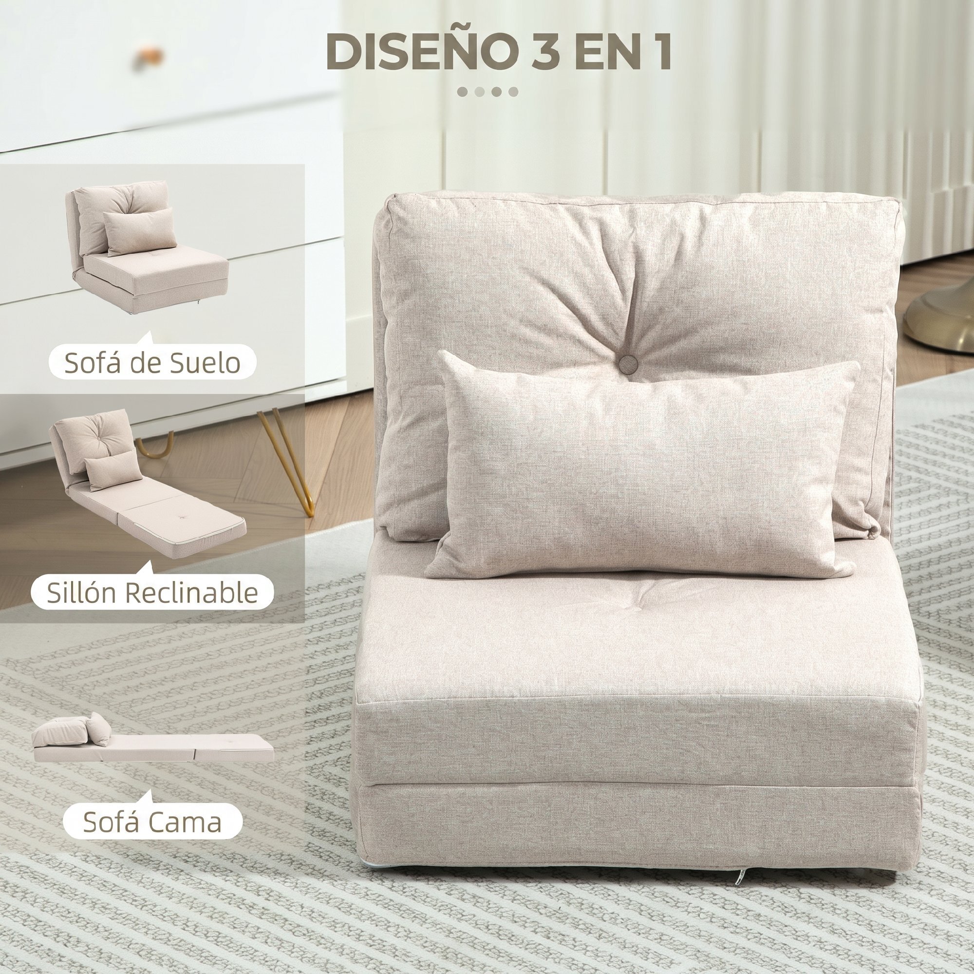 HOMCOM Sofá Cama Individual Plegable 3 en 1, Sofá Cama, Tapizado en Lino, con Respaldo Ajustable 5 Posiciones, Almohadas, Marco Metálico, para Dormitorio, Salón, Beige