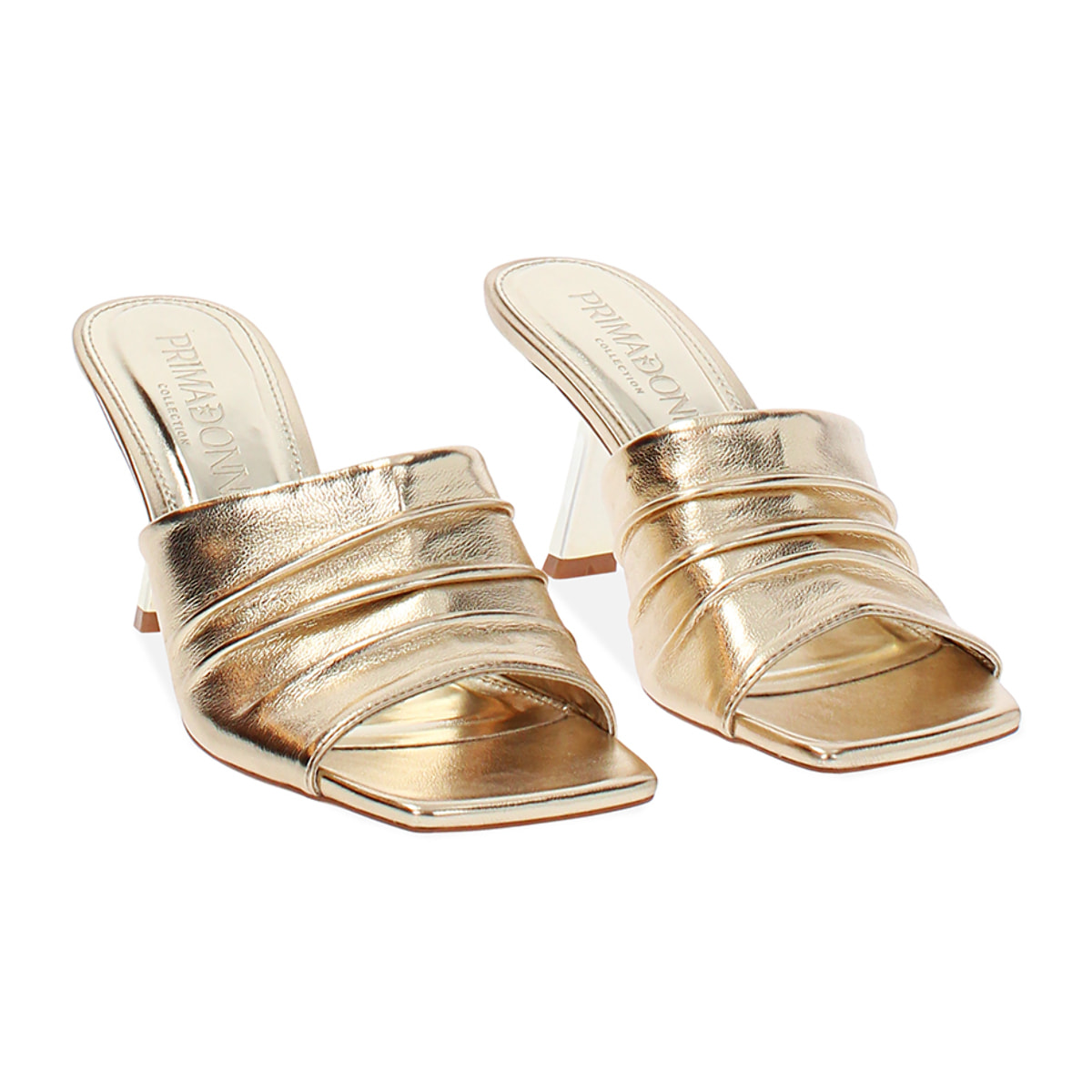 Mules open toe donna oro in laminato, tacco 7,5 cm