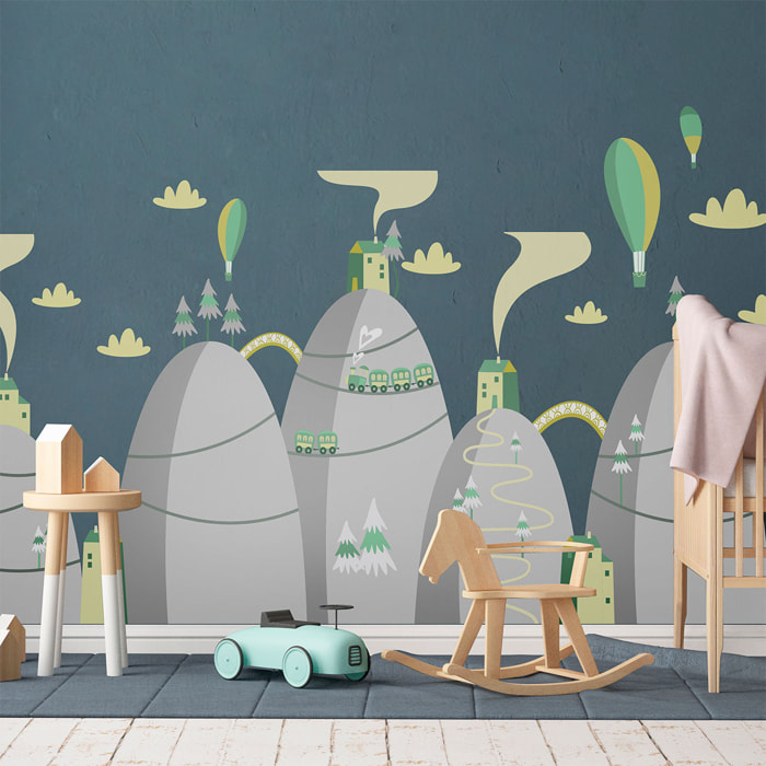 Stickers muraux enfants - Décoration chambre bébé - Autocollant Sticker mural géant enfant montagnes scandinaves MONTGOLFIÈRES EN COMPÉTITION