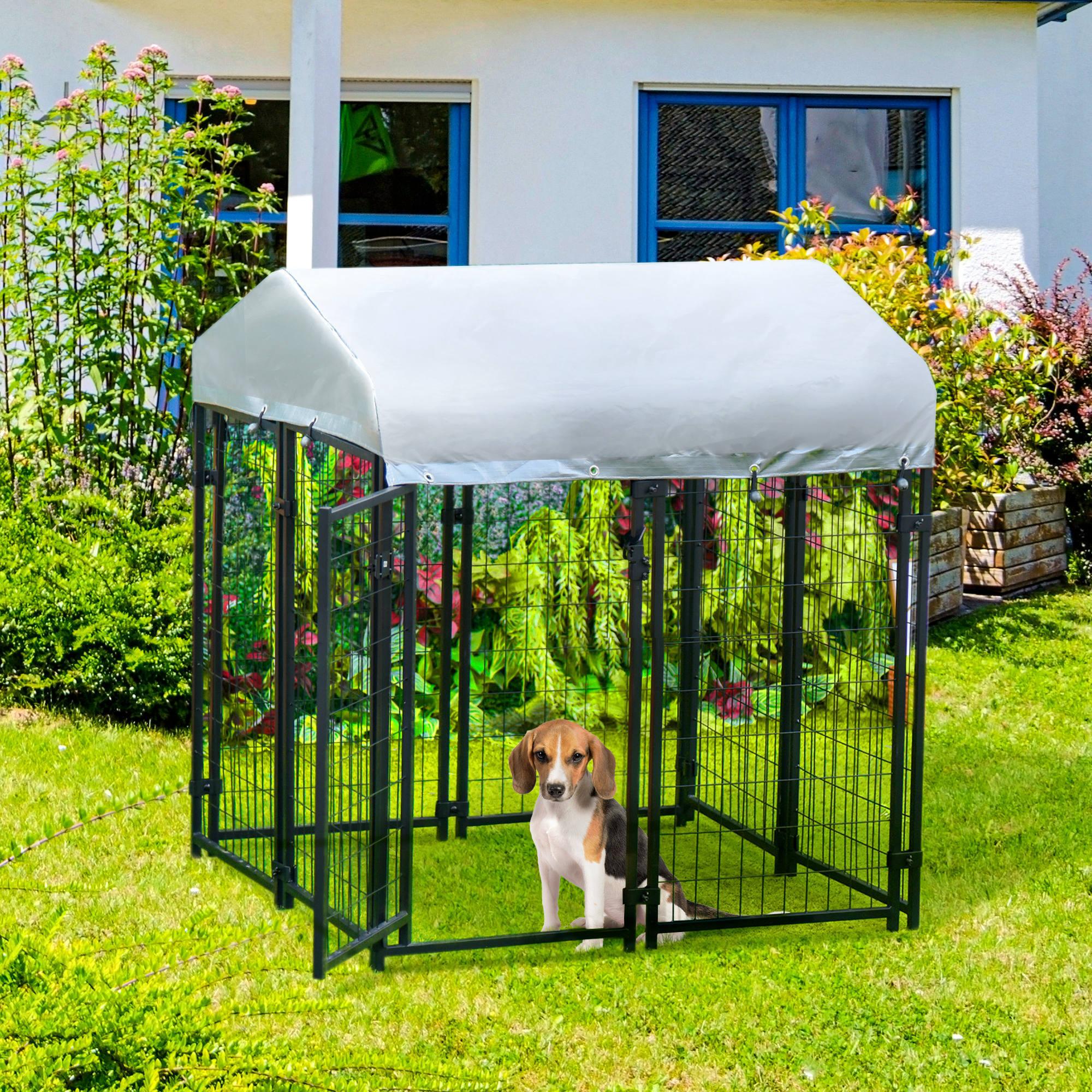 Perrera de Exterior con Techo 120x120x138 cm Jaula para Perros Parque para Mascotas con Malla de Metal y Puerta con Cerradura para Jardín Patio Plata