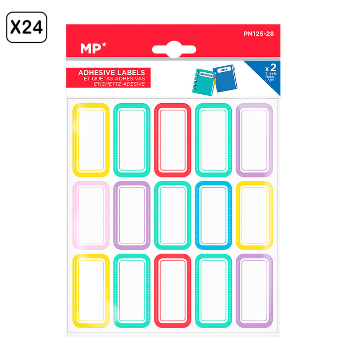 PACK 24 UNITA' ETICHETTE ADESIVE PERSONALIZZABILI DECORATE DESIGN BIANCO CON QUADRO COLORATO (SET 2 UDS)