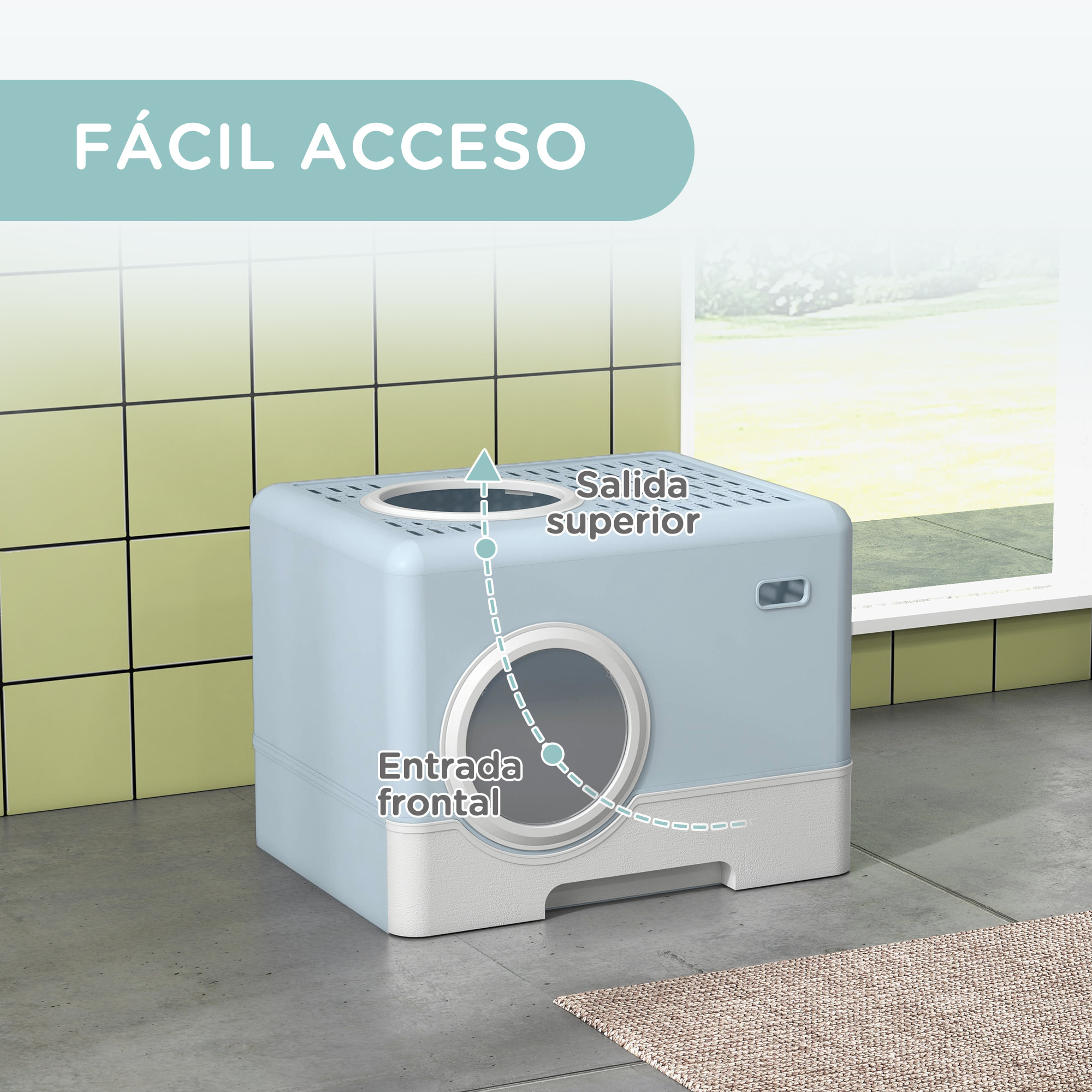 Arenero para Gatos Cubierto, Caja de Arena para Gatos con Bandeja Extraíble, Entrada Frontal y Salida Superior, Pala, Fácil de Limpiar, Antifugas, Azul