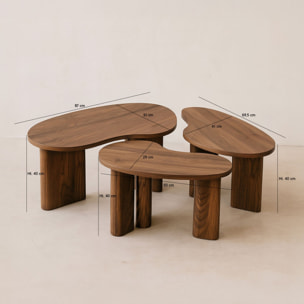 Lot de 3 tables basses aux formes organiques effet bois de noyer CHARLIE