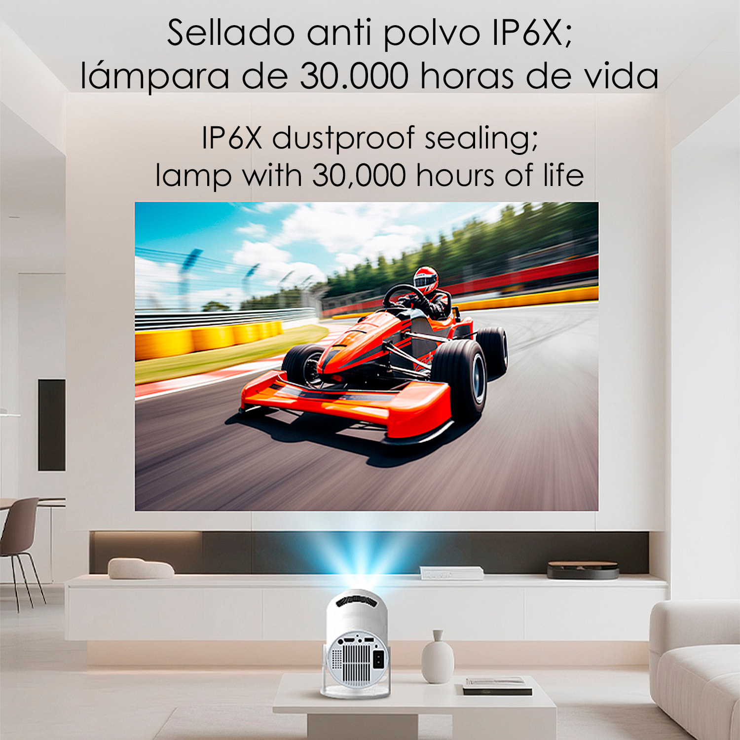 Proyector LCD HY300 soporte de 4K UHD, color DCI-P3 98%, WiFi 6 y anti-glare. De 30 a 300 pulgadas, 120 lm, 200000:1. Con mando a distancia.