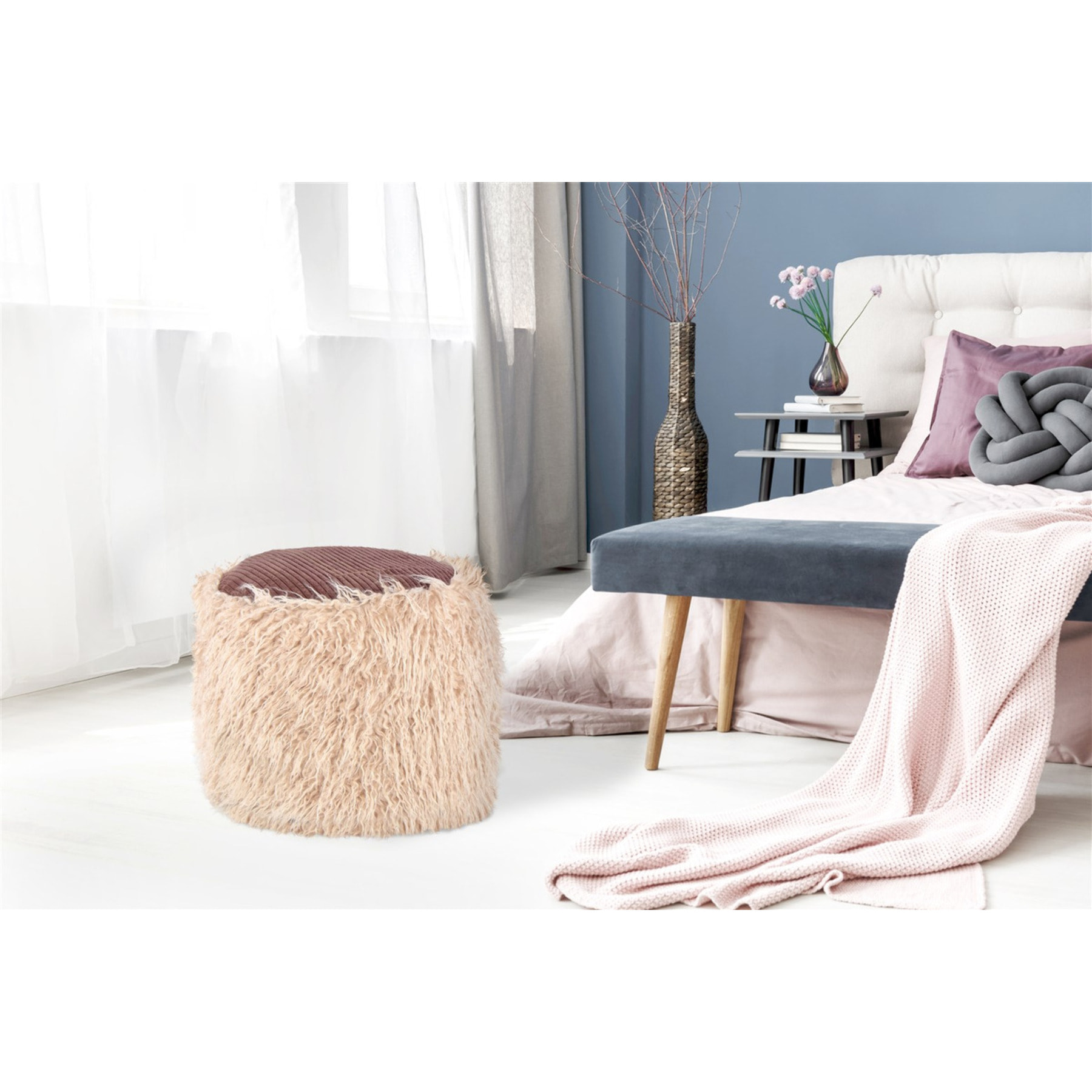 Pouf Bobtail 100 in ecopelliccia beige e velluto a coste