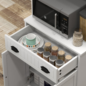 Meuble micro-ondes - rangement cuisine - 2 portes, 3 étagères, tiroir, niche - MDF blanc