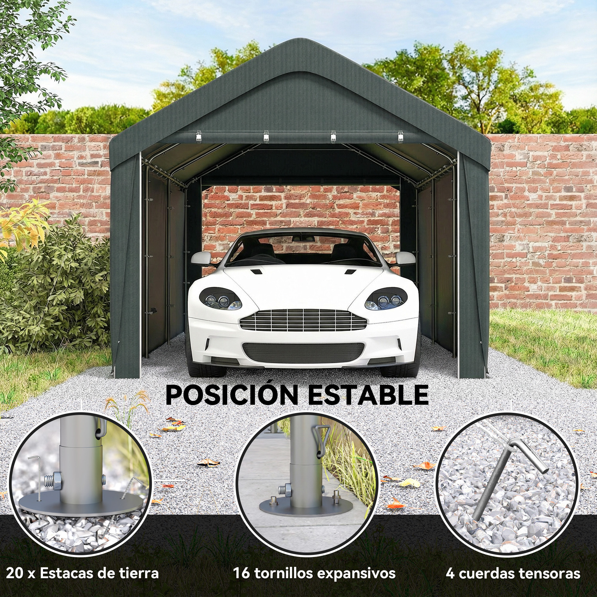 Carpa Garaje Portátil 3x6 m, Garaje Exterior para Coche Impermeable con Paredes Laterales Desmontables, Anti-UV, 2 Puertas Enrollables, Cobertizo para Herramientas de Jardín, Gris Oscuro