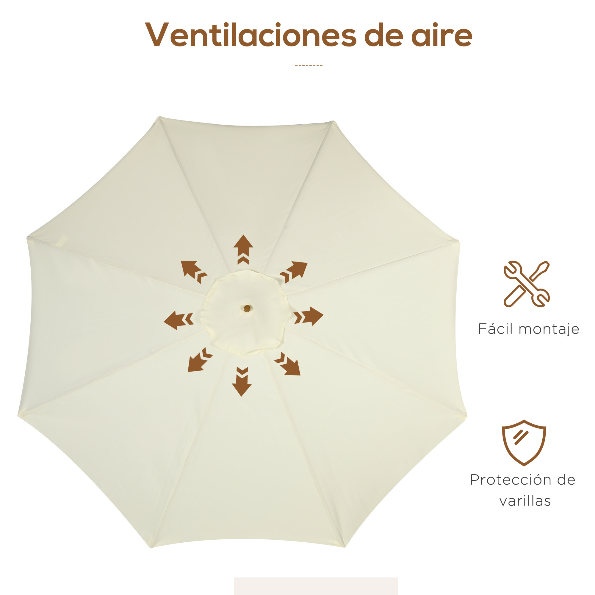 Sombrilla de Jardín Ø325x250 cm Parasol de Madera con Sistema de Polea Techo de Ventilación y 8 Varillas de Bambú para Terraza Balcón Exterior Beige