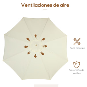 Sombrilla de Jardín Ø325x250 cm Parasol de Madera con Sistema de Polea Techo de Ventilación y 8 Varillas de Bambú para Terraza Balcón Exterior Beige