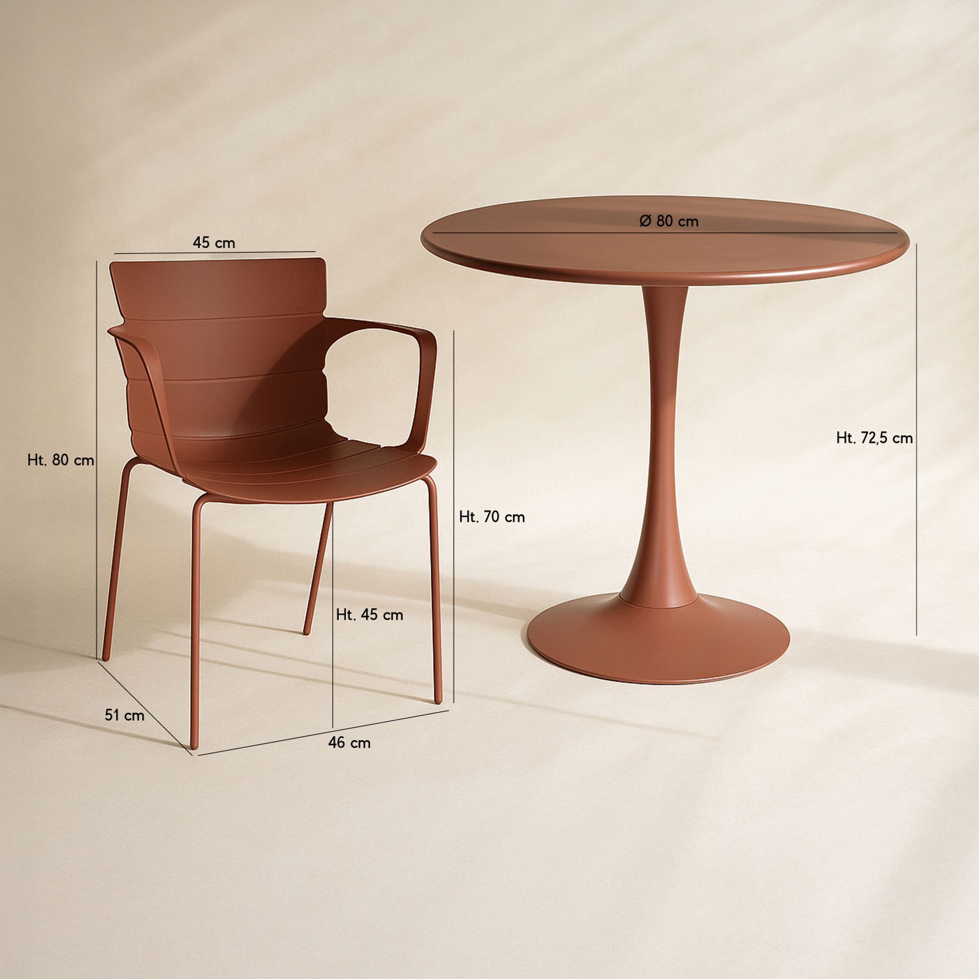 Ensemble de repas table et 4 fauteuils en polypropylène brique MONTAUK