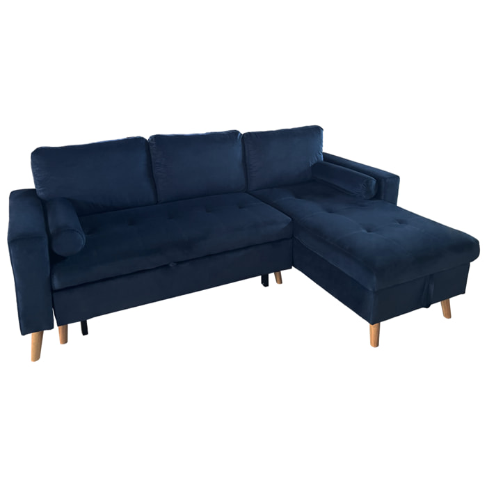 Canapé d'angle convertible JAMES 3 places en velours bleu