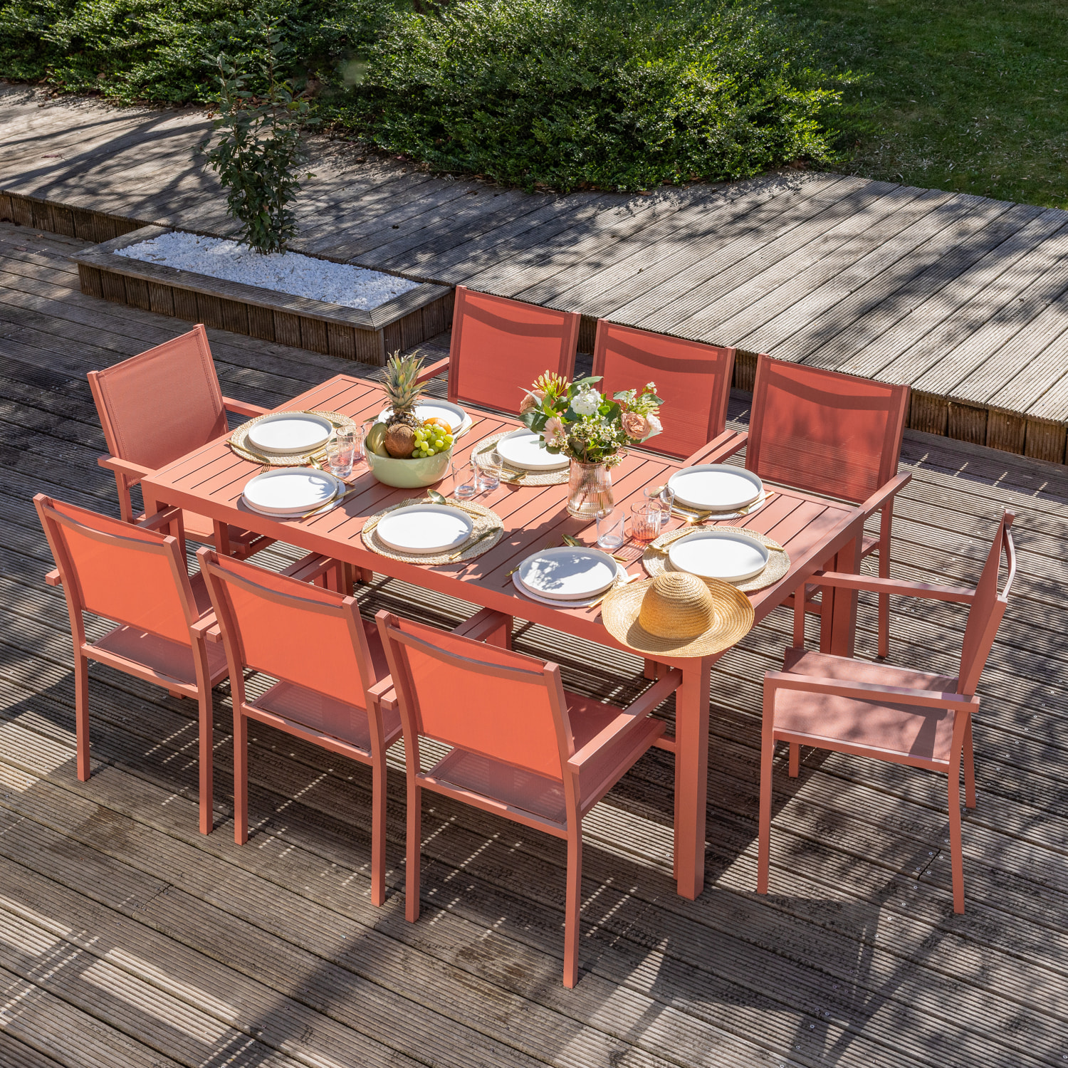 Salon de jardin BARI en textilène terracotta 8 places - aluminium terracotta